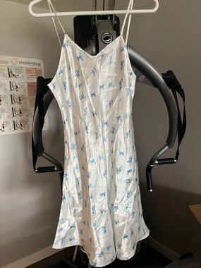 White Satin Slip Dress with Blue Floral Print